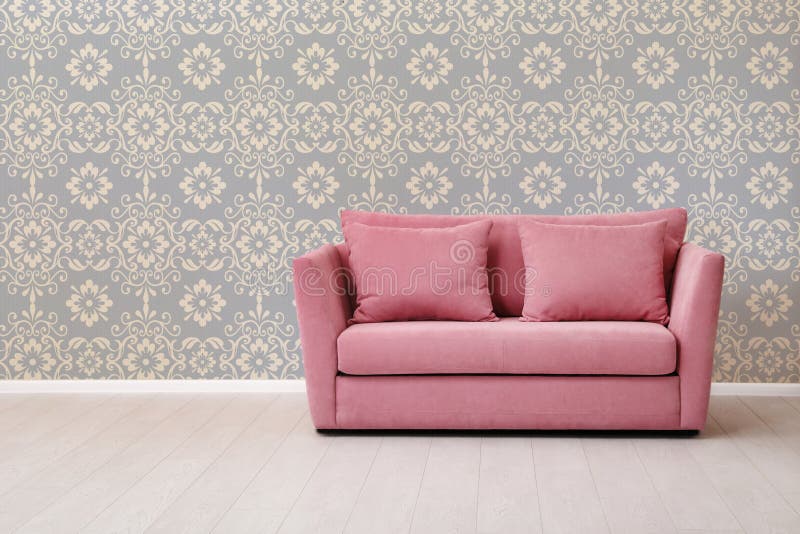 Modern Sofa Near Patterned Wallpapers. Stock Image Image of comfort