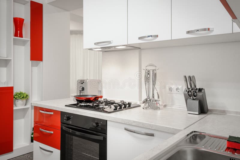 Modern Red and White Kitchen Interior Stock Image Image of faucet, apartment 134330979
