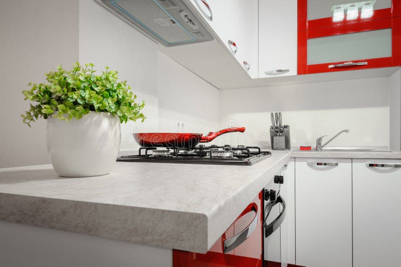 Modern Red and White Kitchen Interior Stock Image Image of furniture, apartment 136861989