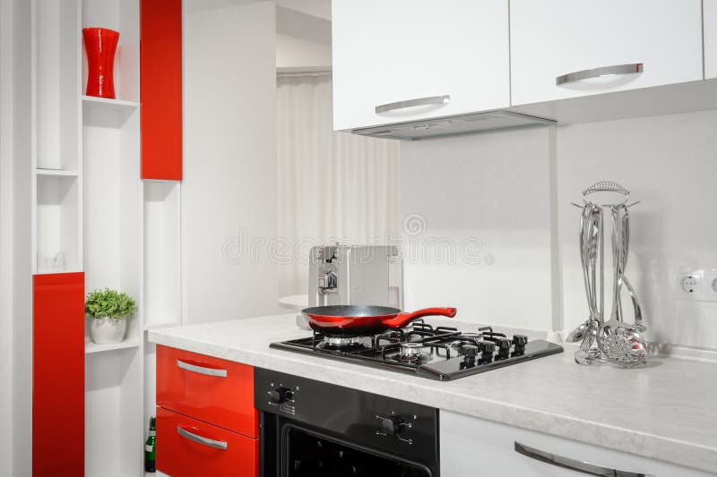 Modern Red and White Kitchen Interior Stock Image Image of shelf