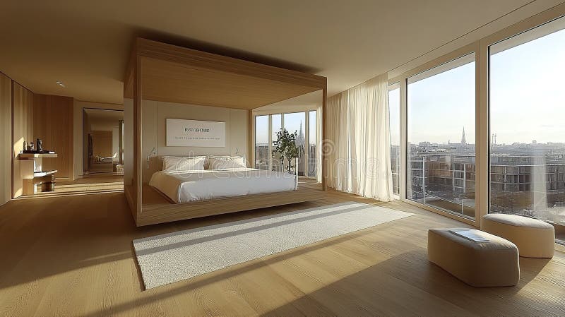 Modern, spacious bedroom with city views royalty free illustration