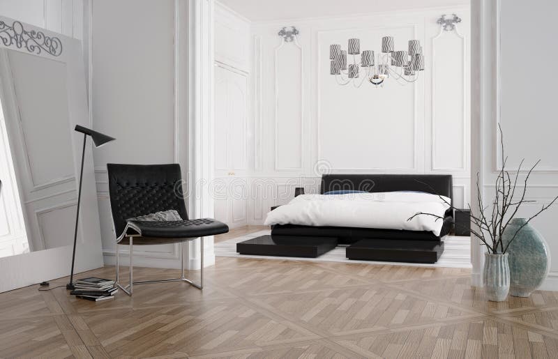 Modern spacious bedroom interior with recessed bed stock illustration