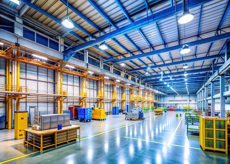 Modern Spacious Warehouse Interior High Ceilings Automated Machinery and Efficient Logistics royalty free illustration