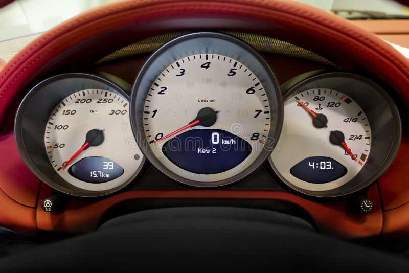 Modern Sports Car Gauges in a Leather Dash Editorial Stock Photo