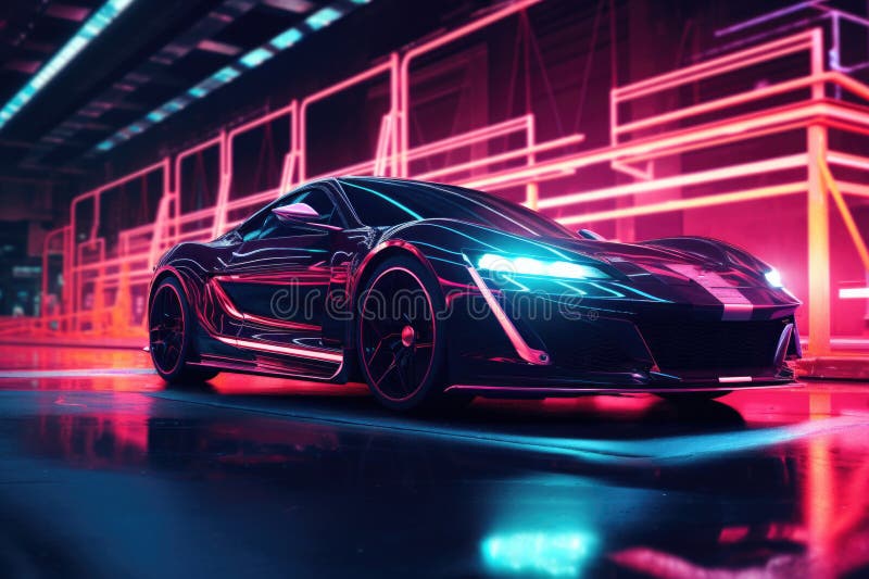 Modern Sports Car with Neon Lights Stock Illustration Illustration of