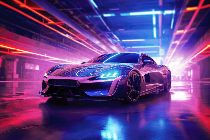 Modern Sports Car with Neon Lights Stock Photo Image of glow, room