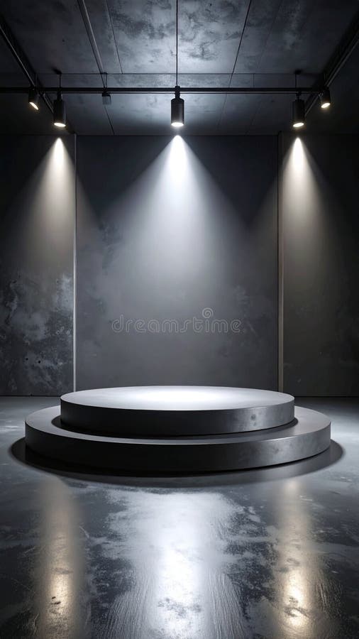 Modern Stage Podium with Spotlight Illumination Contemporary Dark Concrete Interior Presentation Platform Showcase stock image
