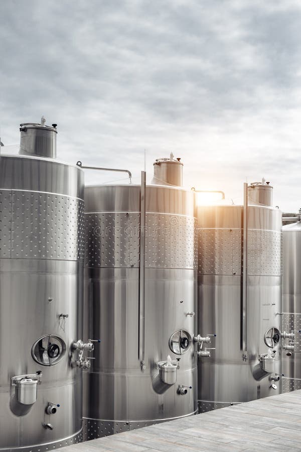 Modern Stainless Steel Barrels for Wine Fermentation at a Winery. Wine