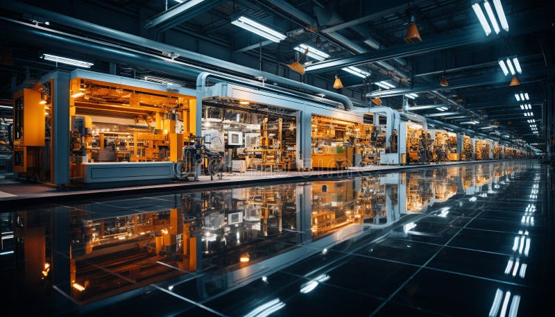 Modern steel factory with automated machinery and futuristic robotics generated by AI stock photos