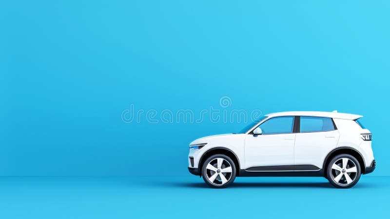 A modern, streamlined electric car positioned in front of a plain, minimalist background. This visual captures the blend stock photography
