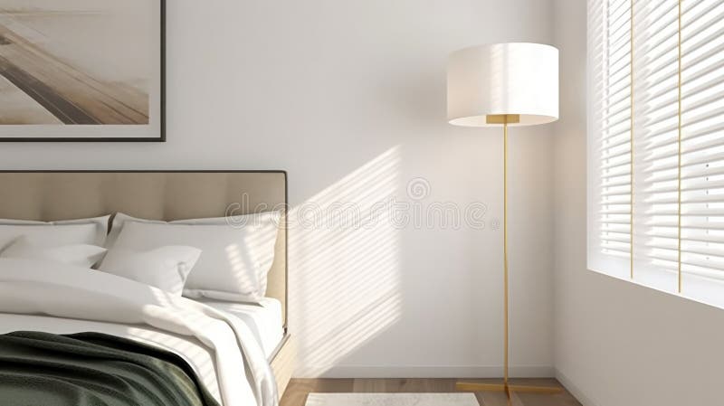 Modern style bedroom with the window and sunbeams shining through it. Generative AI vector illustration