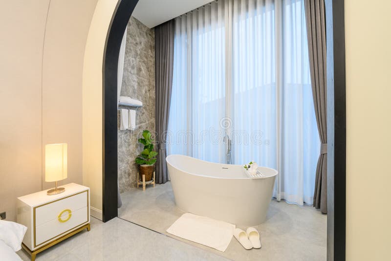 Modern style interior design of bathroom and bedroom stock photos.