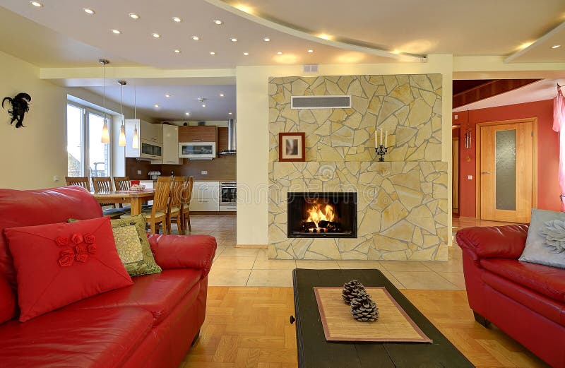 Modern Style Living Room Interior with Fireplace in the Stone Wall and