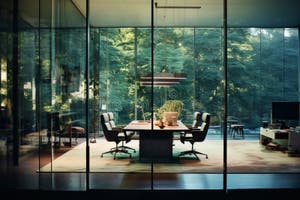 Modern Style Office Interior With Glass Walls And Doors Green Garden 