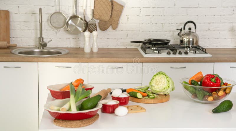 Modern Stylish Scandinavian Kitchen Interior with Kitchen Accessories.  Bright White and Grey Kitchen with Household Items Stock Photo - Image of  oven, domestic: 267730672