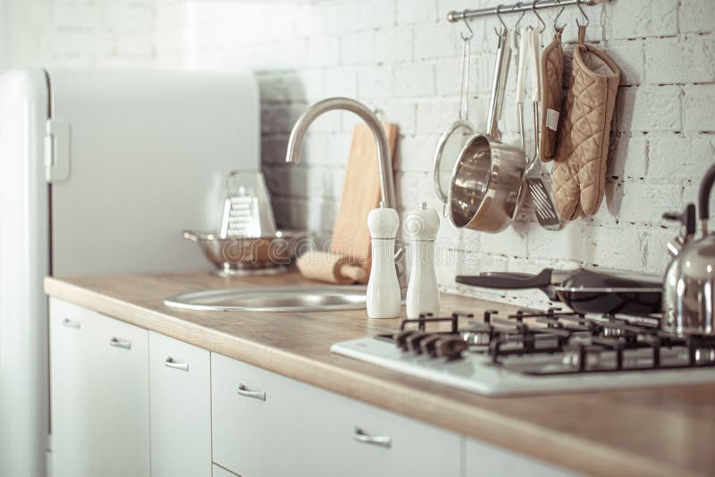 Modern Stylish Scandinavian Kitchen Interior with Kitchen Accessories.  Bright White and Grey Kitchen with Household Items Stock Photo - Image of  oven, domestic: 267730672