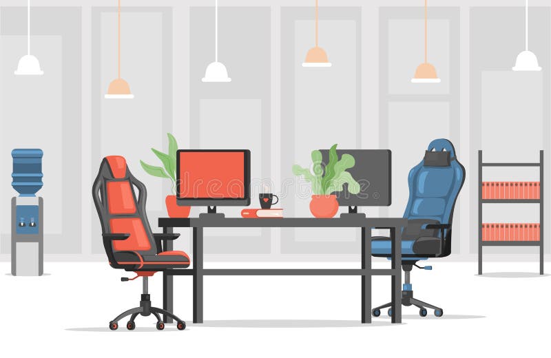 Modern and stylish workplace vector flat design. Red and blue armchairs or gaming chairs, computer monitors.