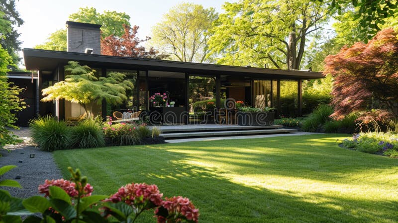 Modern suburban home, lush garden, eyelevel view, clear daylight , clean sharp focus stock illustration