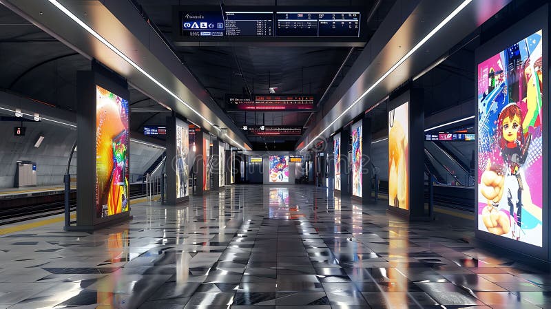 Modern Subway Station with Digital Advertisements stock illustration