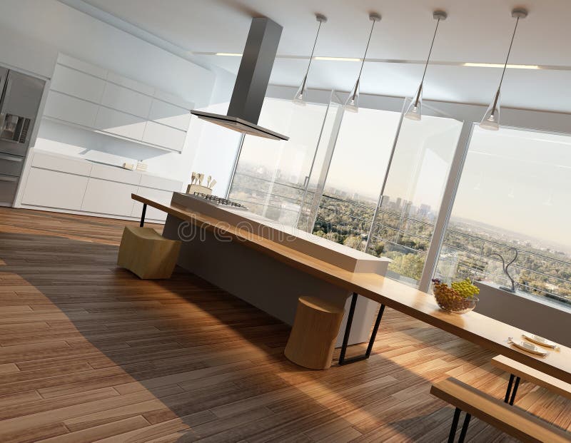 Modern sunny kitchen interior with wooden floor