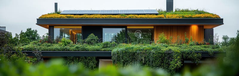 Modern Sustainable Architecture Design: Eco-Friendly Features and Materials Showcase Innovation and Environmental Consci stock illustration