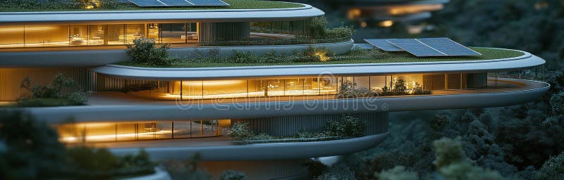 Modern Sustainable Architecture Design: Eco-Friendly Features and Materials Showcase Innovation and Environmental Consci stock illustration