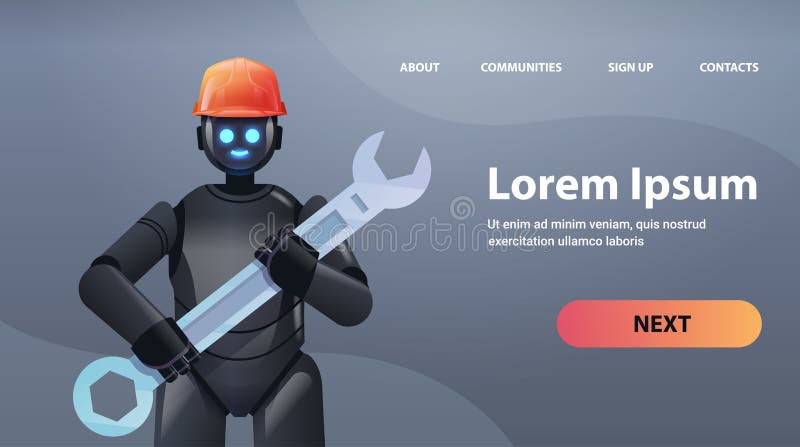 Modern svart robot i hjälmet för att hålla varvitereparation artificiellt intelligenskoncept vektor illustrationer