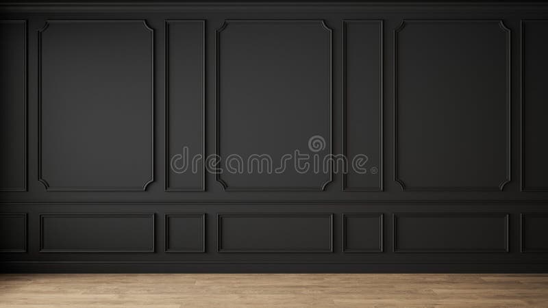 Modern, svart, tom insida med väggpaneler och trägolv.