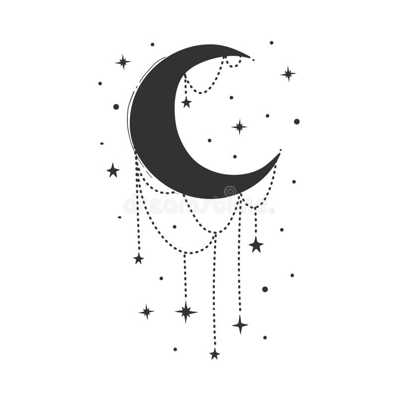 Modern symbol of the crescent moon with decorations, stylized drawing, engraving. Vector illustration isolated on white. Vintage mystical design in boho style, logo, tattoo. Modern symbol of the crescent moon with decorations, stylized drawing, engraving. Vector illustration isolated on white. Vintage mystical design in boho style, logo, tattoo