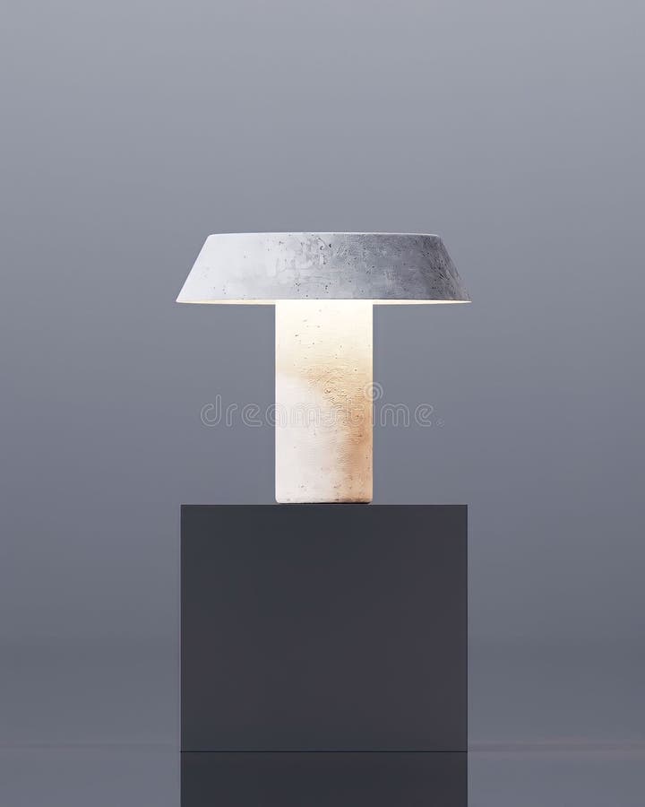 A modern table lamp made of concrete with a wide, flat shade sits on a black cube against a light gray background. The lamp is vector illustration