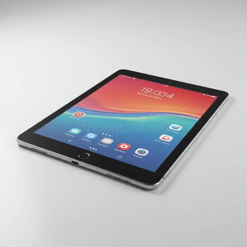 A modern tablet on a light surface, displaying a colorful home screen with time and ap vector illustration