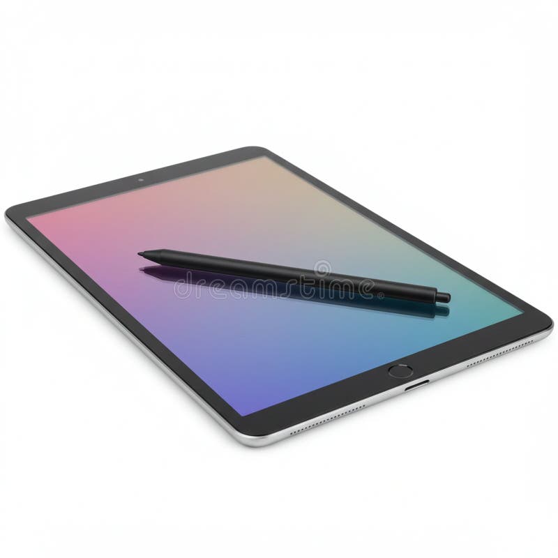 A modern tablet with a sleek black frame and a gradient screen rests on a white vector illustration