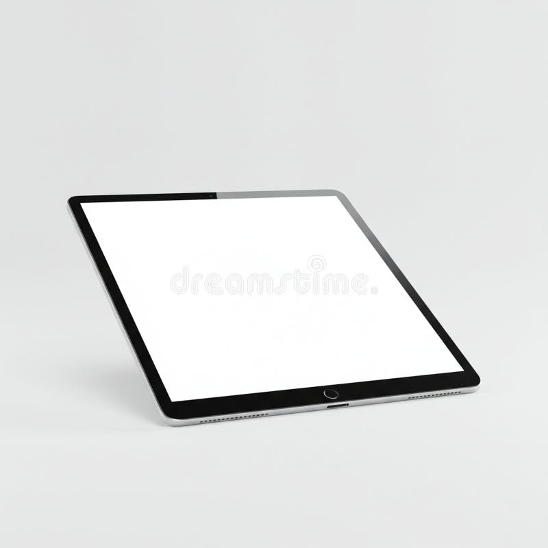 A modern tablet with a sleek design lying at an angle on a neutral surface. It features stock illustration