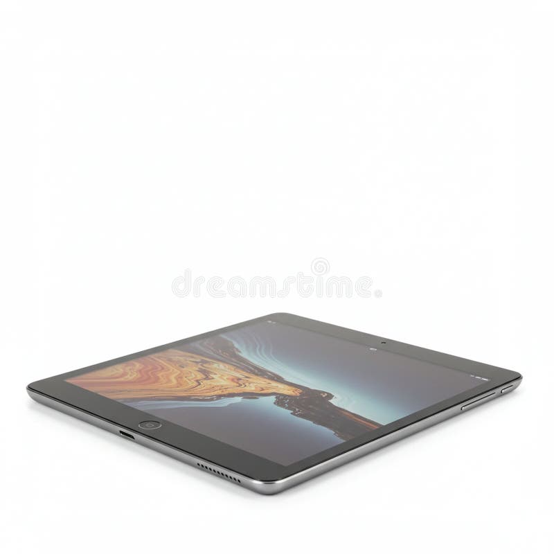 A modern tablet on a white background, displaying a colorful landscape image on its royalty free illustration