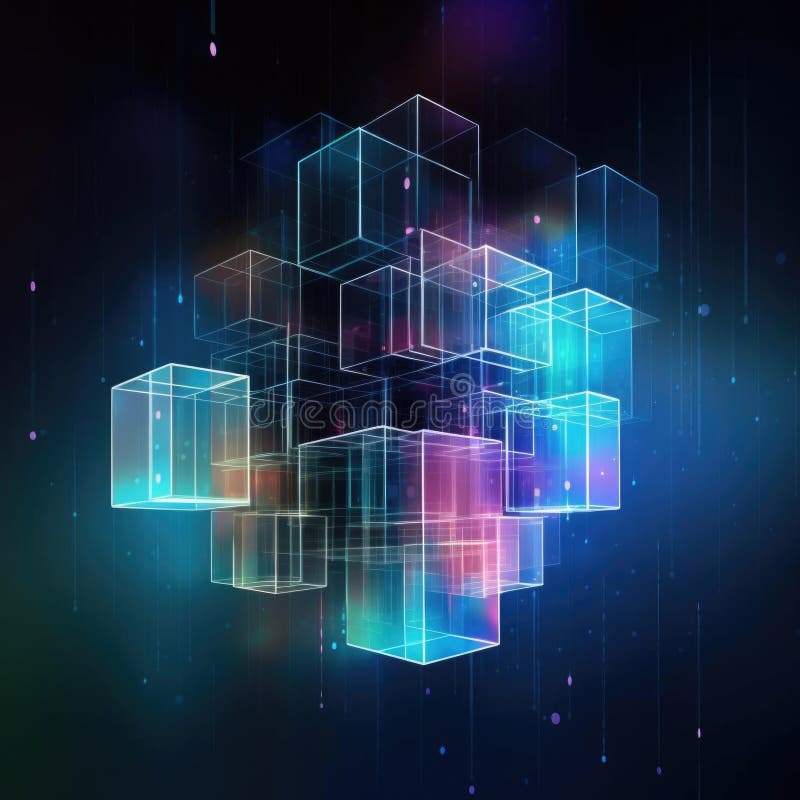 Modern technologies. Box diagram. Neural network. Glass blocks. Web building. Industrial cube objects. Hardware quantum vector illustration
