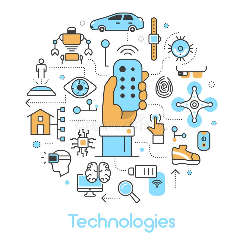 Modern Technologies Line Art Thin Icons Set with Smart House and Quadrocopter vector illustration