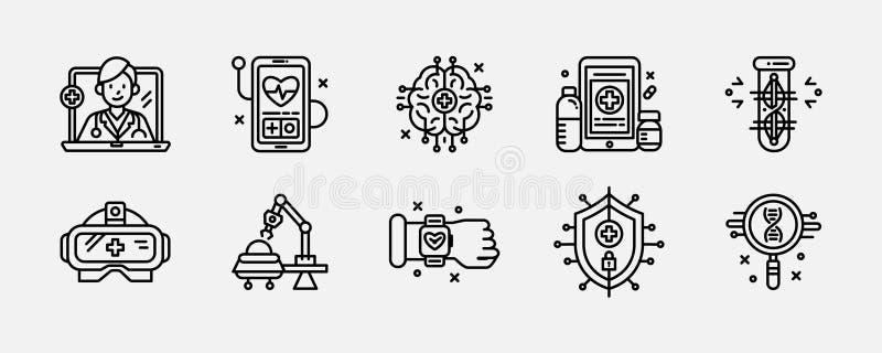 Modern Technologies in Medicine and Artificial Intelligence Vector Outline Icon Set. stock illustration