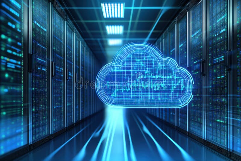 Modern technology concept of cloud computing with digital data storage and server infrastructure in a futuristic data stock photo