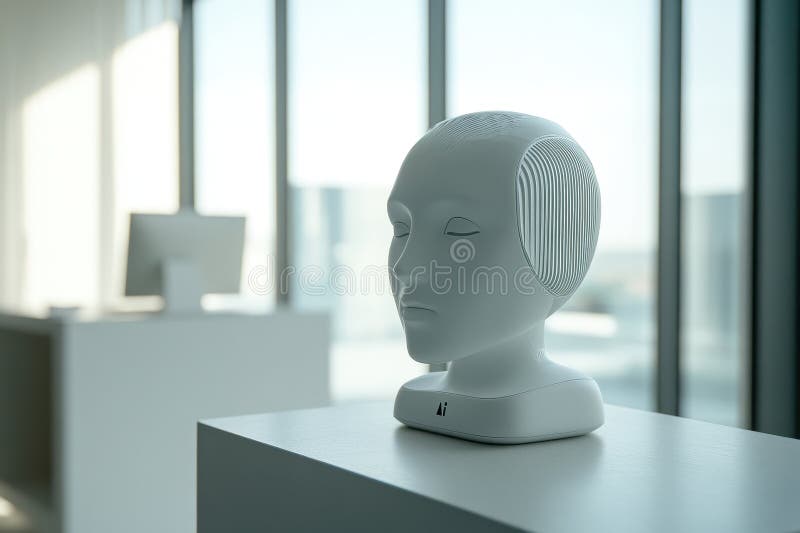 Modern technology displayed in an office environment with a unique head-shaped speaker design stock photos