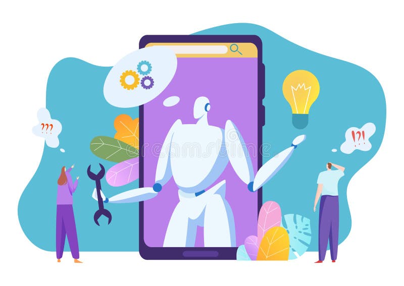 Modern technology robot automatic customer support, tiny character technical assistance flat vector illustration stock illustration