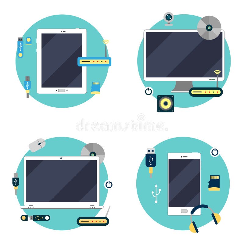 Modern teknologi: Bärbar dator, dator, minnestavla och Smartphone vektor illustrationer Modern teknologi: Bärbar dator, dator, minnestavla och Smartphone vektor illustrationer