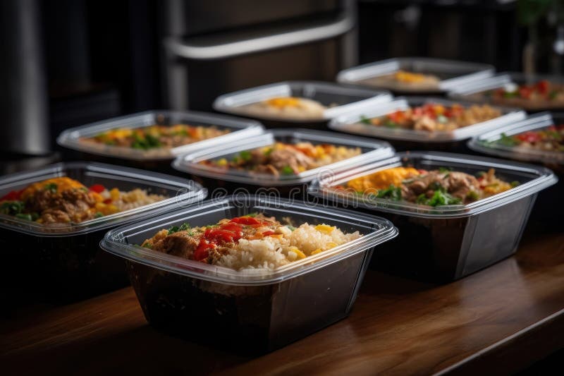 Modern Thai Food Lunch Boxes in Plastic Packages. AI Generated Stock