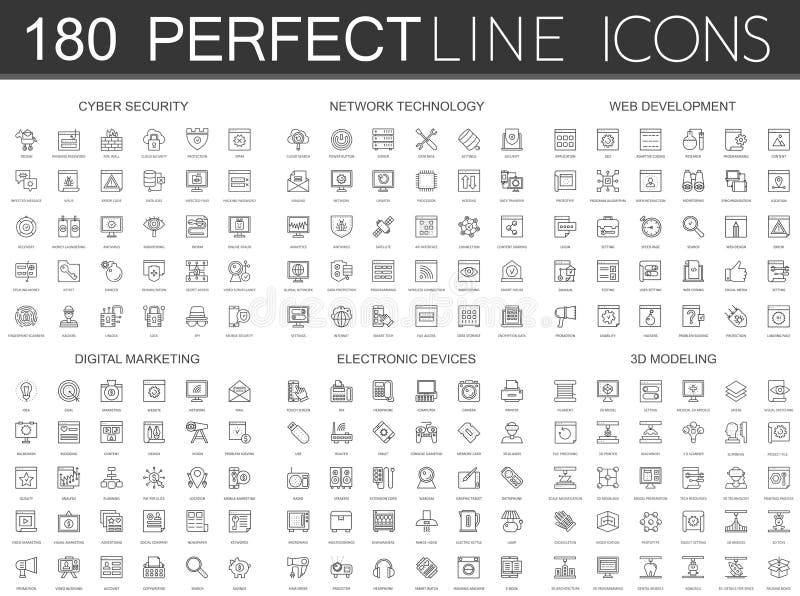 180 modern thin line icons set of cyber security, network technology, web development, digital marketing, electronic stock illustration