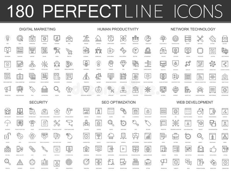 180 modern thin line icons set of digital marketing, human productivity, network technology, cyber security, SEO vector illustration