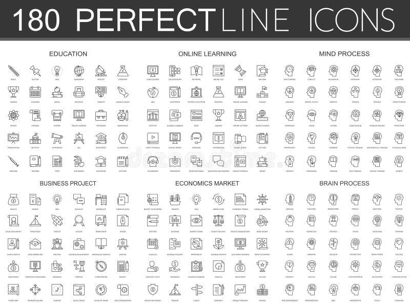 180 modern thin line icons set of education, online learning, mind process, business project, economics market, brain vector illustration 180 modern thin line icons set of education, online learning, mind process, business project, economics market, brain vector illustration