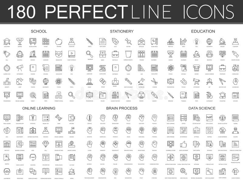 180 modern thin line icons set of school, stationery, education, online learning, brain process, data science. royalty free illustration