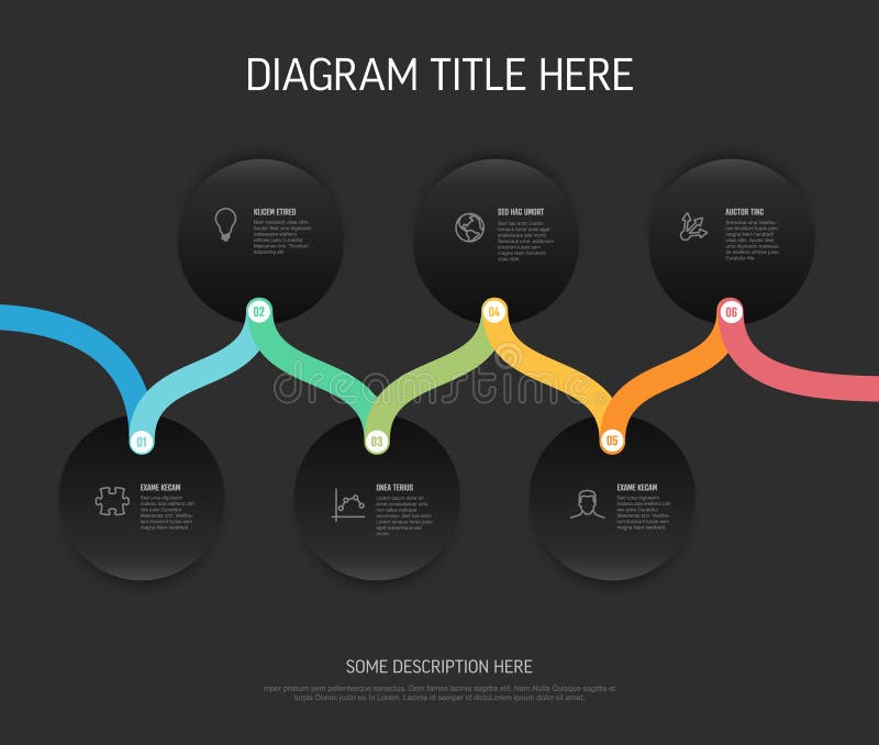 A modern timeline diagram infographic with a wavy path connecting six circular elements. This infographic timeline visually represents a process or sequence of events with distinct stages. Wavy timeline vectors