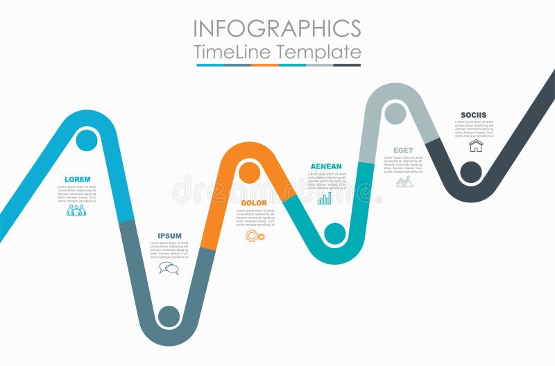 Modern wavy timeline infographic template with colorful segments, icons, and text blocks for visualizing project stages or historical events. Vector illustration. Wavy timeline vectors