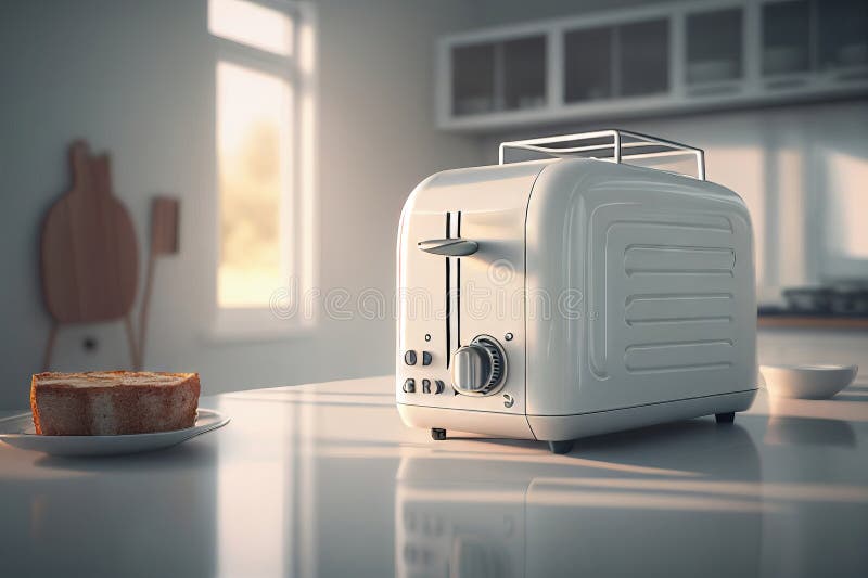 Modern Toaster and Bread Slices on White Marble Table in Kitchen