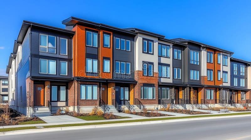 Modern Townhouse Complex. New Residential Development Architecture With Blue Sky Background. stock illustration